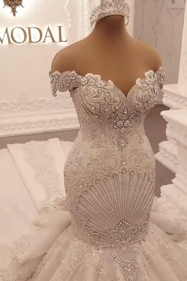 Off-the-Shoulder Floor-Length Backless Mermaid Wedding Dress with Crystal