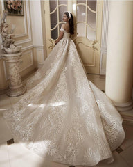 Off-the-Shoulder Floor-Length Church A-Line Wedding Dress with Lace Appliques