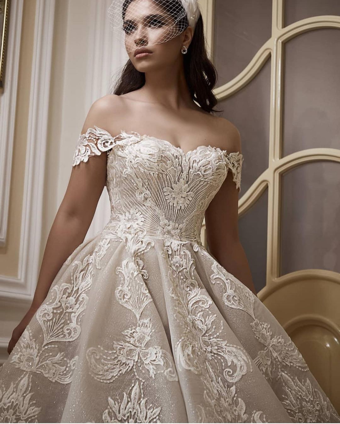 Off-the-Shoulder Floor-Length Church A-Line Wedding Dress with Lace Appliques