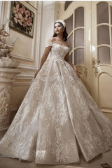 Off-the-Shoulder Floor-Length Church A-Line Wedding Dress with Lace Appliques