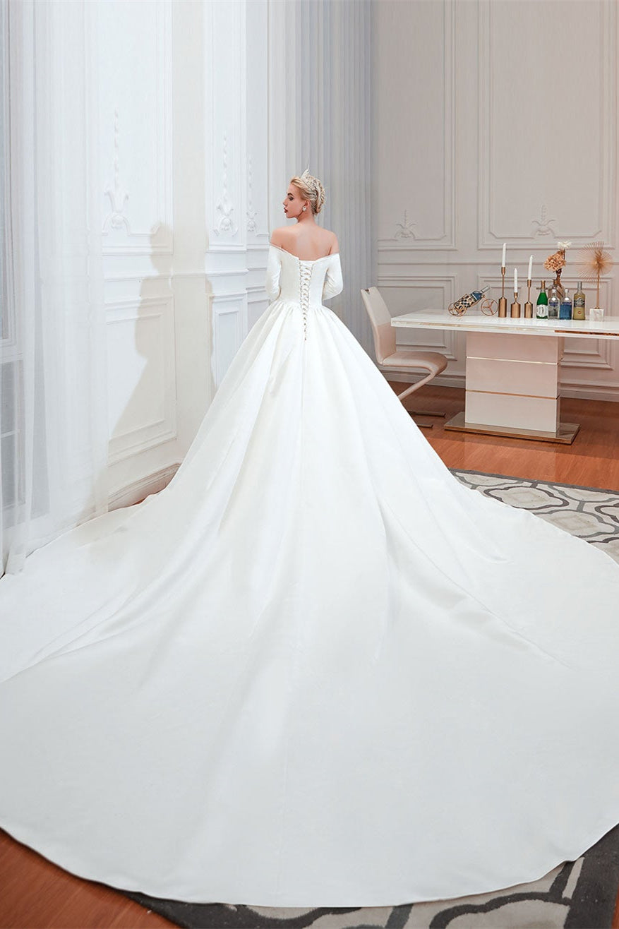Off-the-Shoulder Half Sleeve Satin Wedding Dress