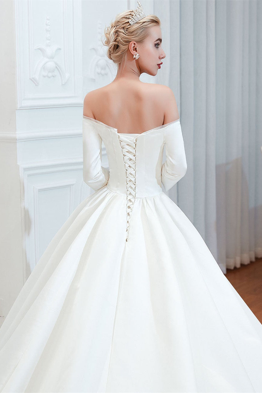 Off-the-Shoulder Half Sleeve Satin Wedding Dress