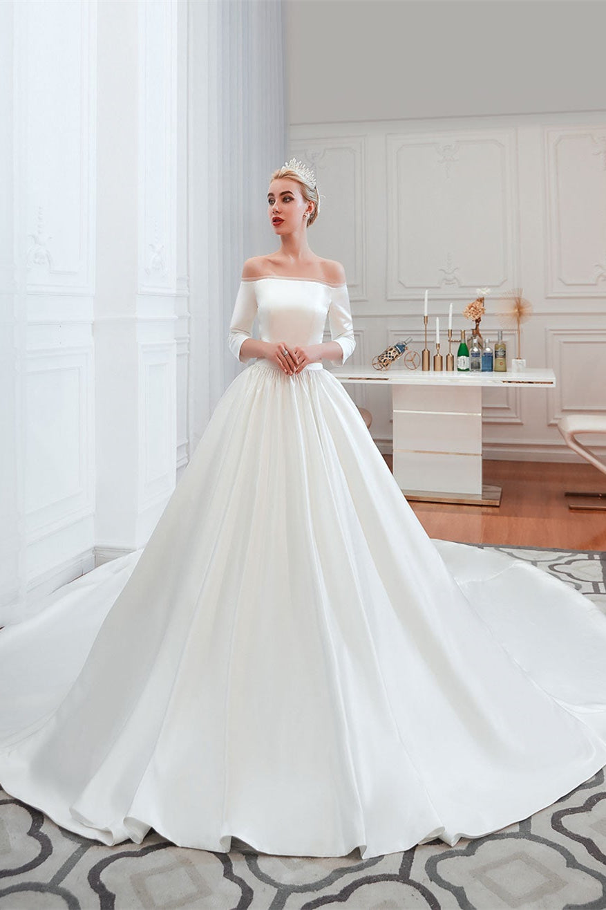 Off-the-Shoulder Half Sleeve Satin Wedding Dress