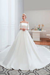 Off-the-Shoulder Half Sleeve Satin Wedding Dress