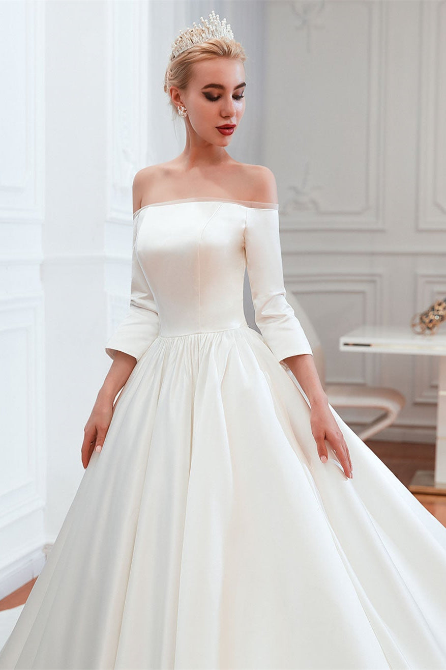 Off-the-Shoulder Half Sleeve Satin Wedding Dress