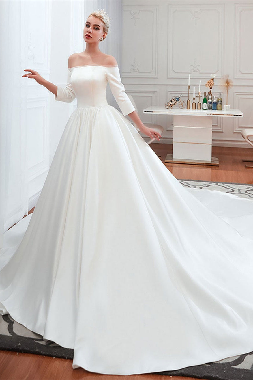 Off-the-Shoulder Half Sleeve Satin Wedding Dress