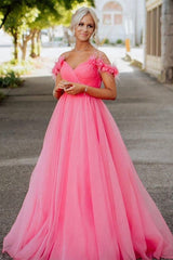 Off the shoulder Hot Pink Long Prom Dress