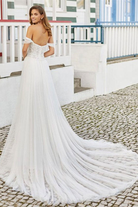 Off-the-Shoulder Lace Wedding Dress with Split