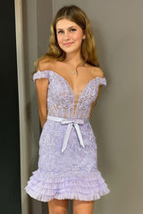 Off the Shoulder Lavender Tiered Short Homecoming Dress