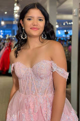 Off the Shoulder Light Pink Corset Tiered Long Prom Dress