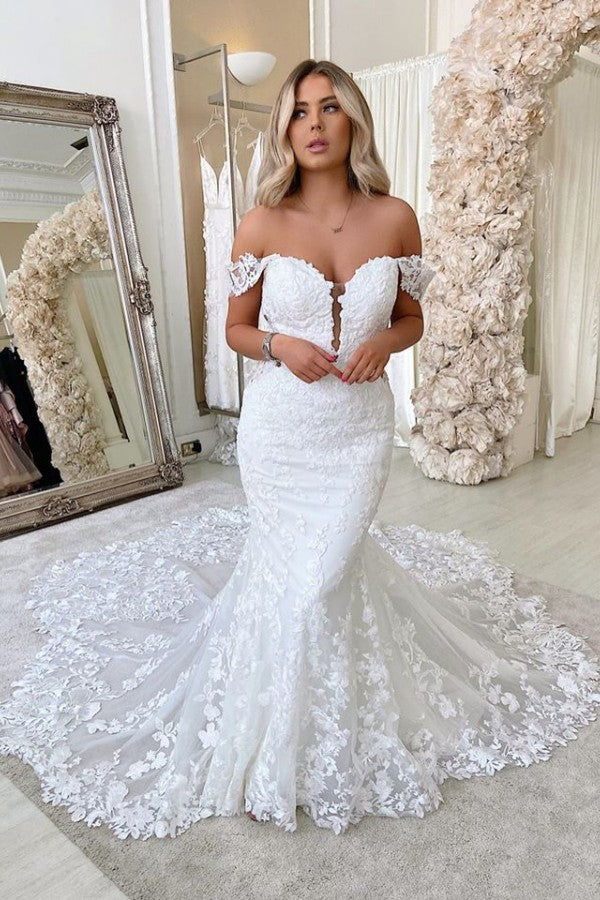 Off-The-Shoulder Long Mermaid Wedding Dress With Backless Design Lace