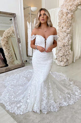 Off-The-Shoulder Long Mermaid Wedding Dress With Backless Design Lace