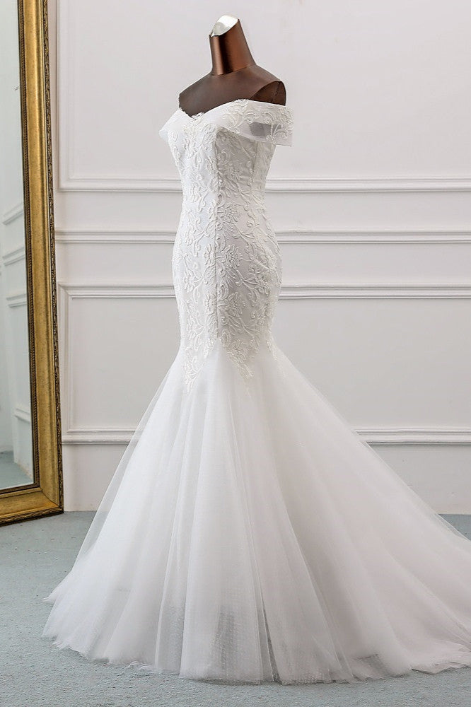 Off-the-Shoulder Long Mermaid Wedding Dress with Tulle and Lace