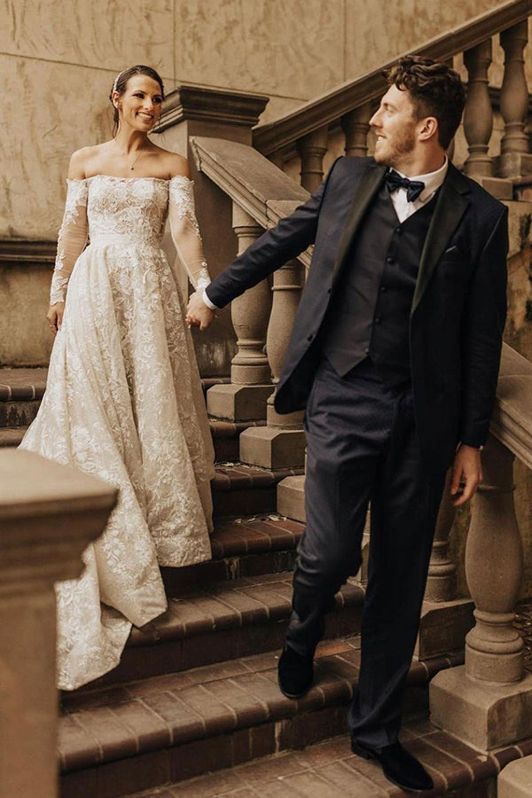 Off-the-Shoulder Long Sleeve A-Line Wedding Dress with Bow and Lace