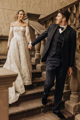 Off-the-Shoulder Long Sleeve A-Line Wedding Dress with Bow and Lace