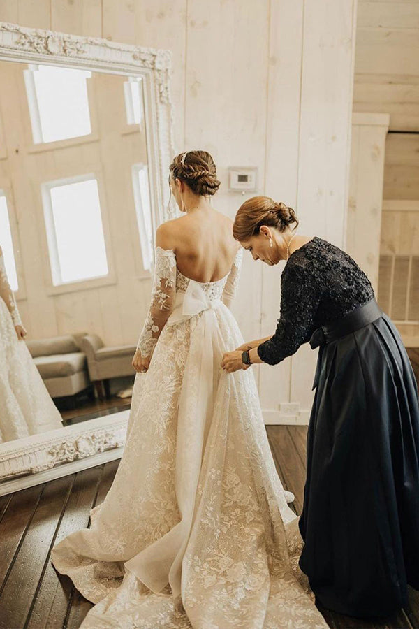 Off-the-Shoulder Long Sleeve A-Line Wedding Dress with Bow and Lace