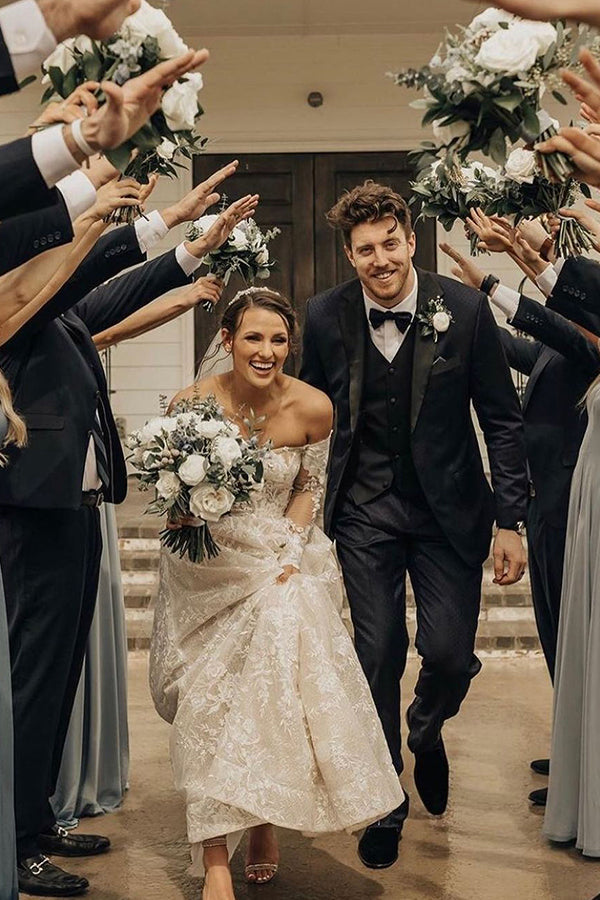 Off-the-Shoulder Long Sleeve A-Line Wedding Dress with Bow and Lace