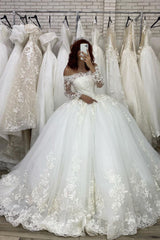 Off-the-Shoulder Long Sleeve Illusion Ball Gown Wedding Dress with Appliques