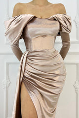 Off-the-Shoulder Long Sleeve Mermaid Prom Dress with Slit