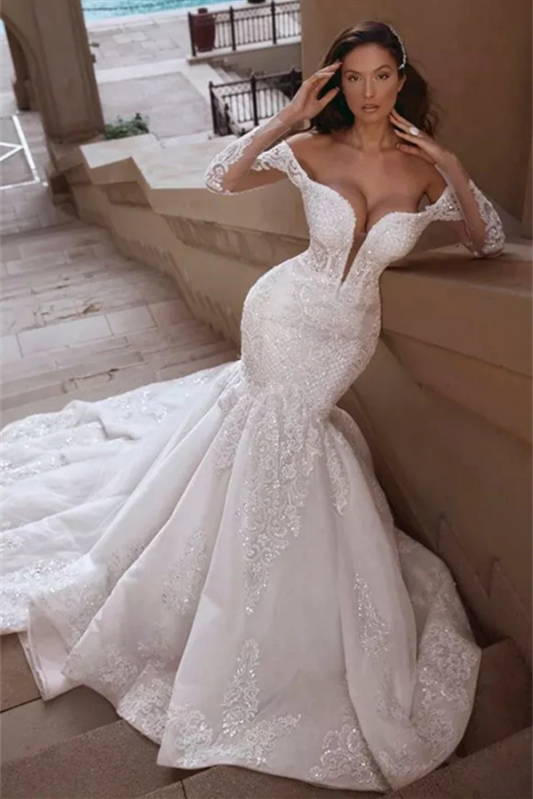 Off-the-Shoulder Long Sleeve Mermaid Wedding Dress with Beaded Lace Appliques