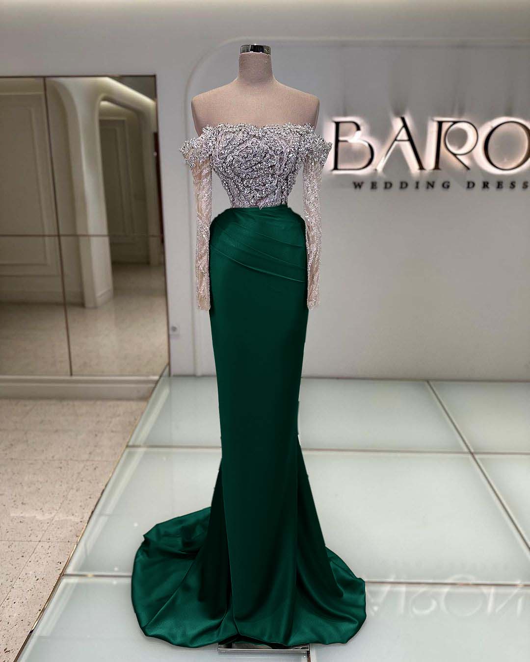 Off the Shoulder Long Sleeve Mermaid Long Prom Dress with Beading