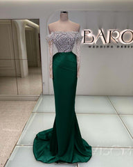 Off the Shoulder Long Sleeve Mermaid Long Prom Dress with Beading