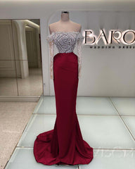 Off the Shoulder Long Sleeve Mermaid Long Prom Dress with Beading