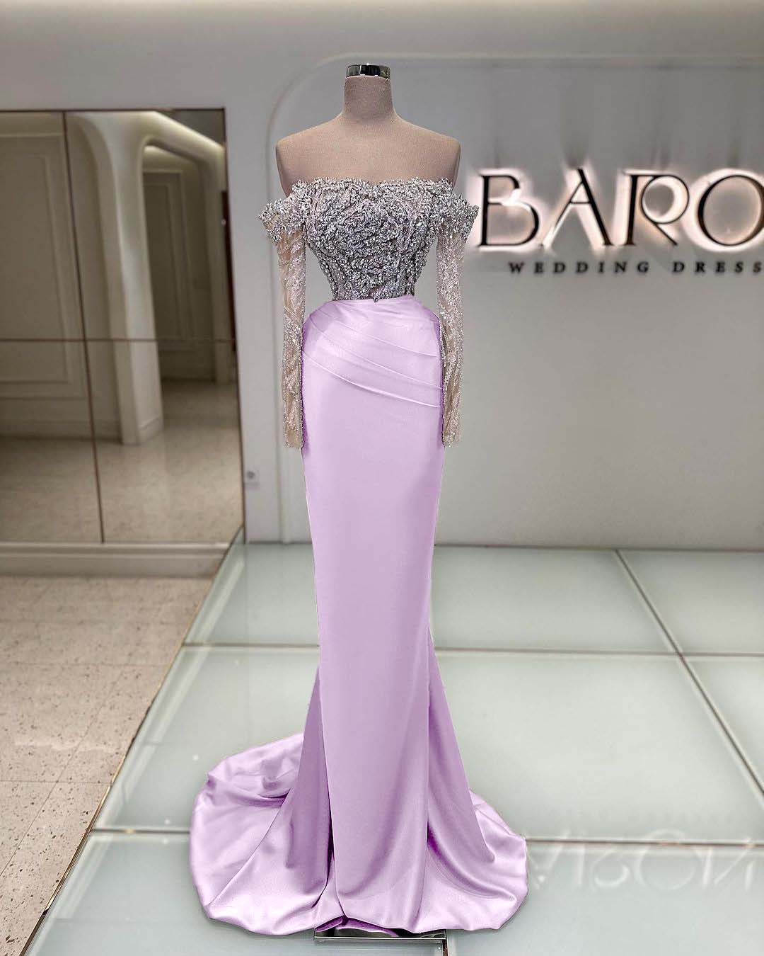Off the Shoulder Long Sleeve Mermaid Long Prom Dress with Beading