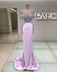 Off the Shoulder Long Sleeve Mermaid Long Prom Dress with Beading