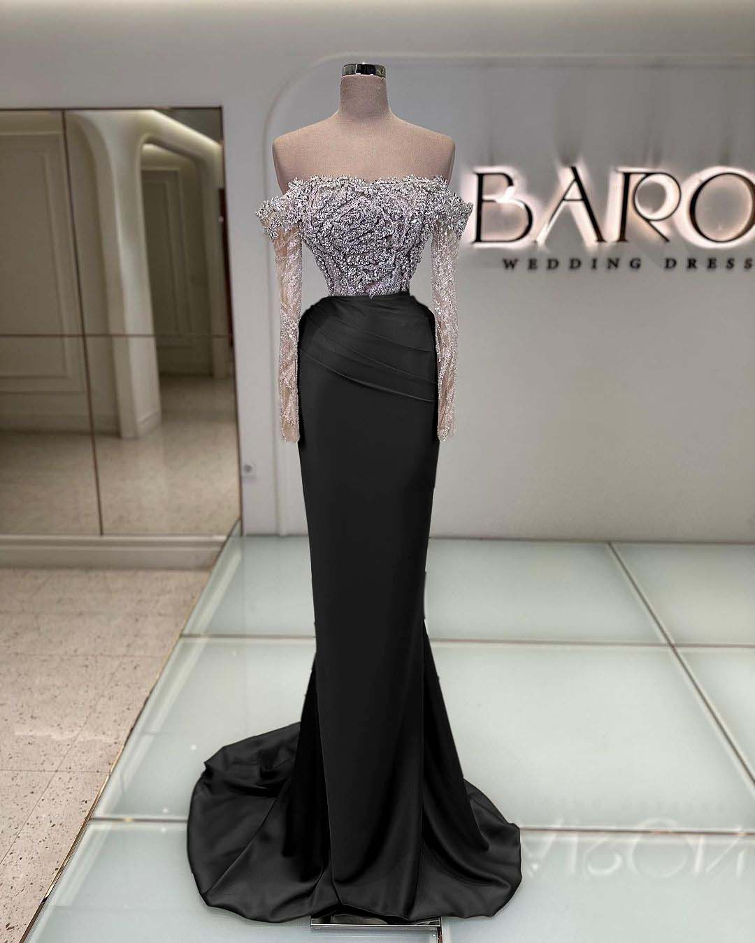 Off the Shoulder Long Sleeve Mermaid Long Prom Dress with Beading