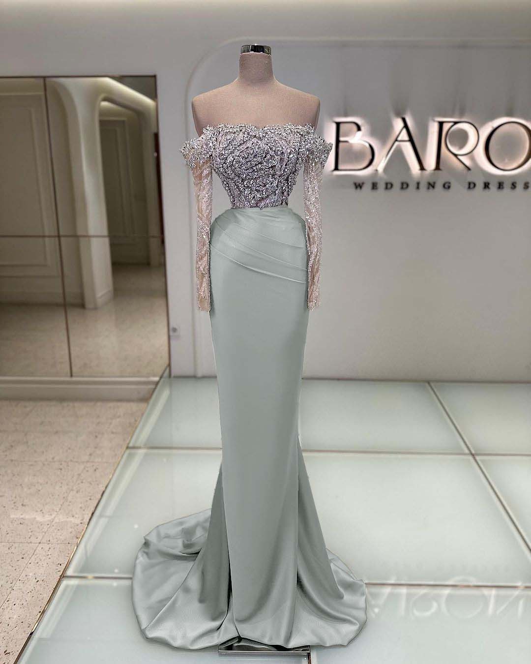 Off the Shoulder Long Sleeve Mermaid Long Prom Dress with Beading