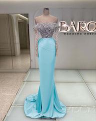 Off the Shoulder Long Sleeve Mermaid Long Prom Dress with Beading
