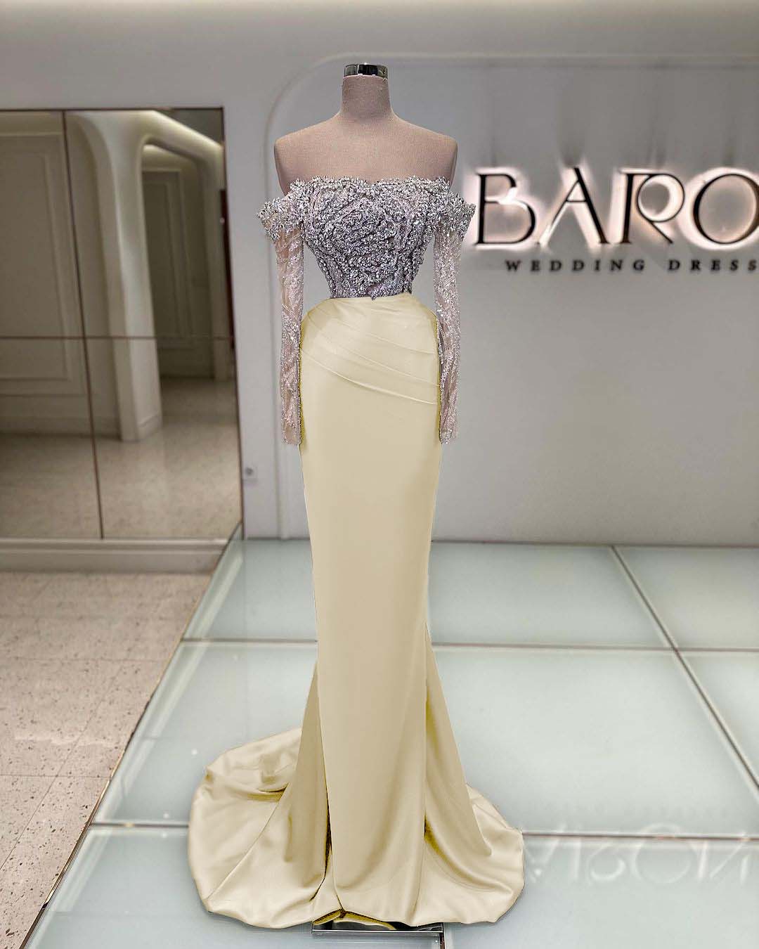 Off the Shoulder Long Sleeve Mermaid Long Prom Dress with Beading