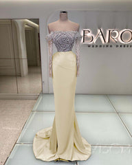 Off the Shoulder Long Sleeve Mermaid Long Prom Dress with Beading