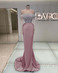Off the Shoulder Long Sleeve Mermaid Long Prom Dress with Beading