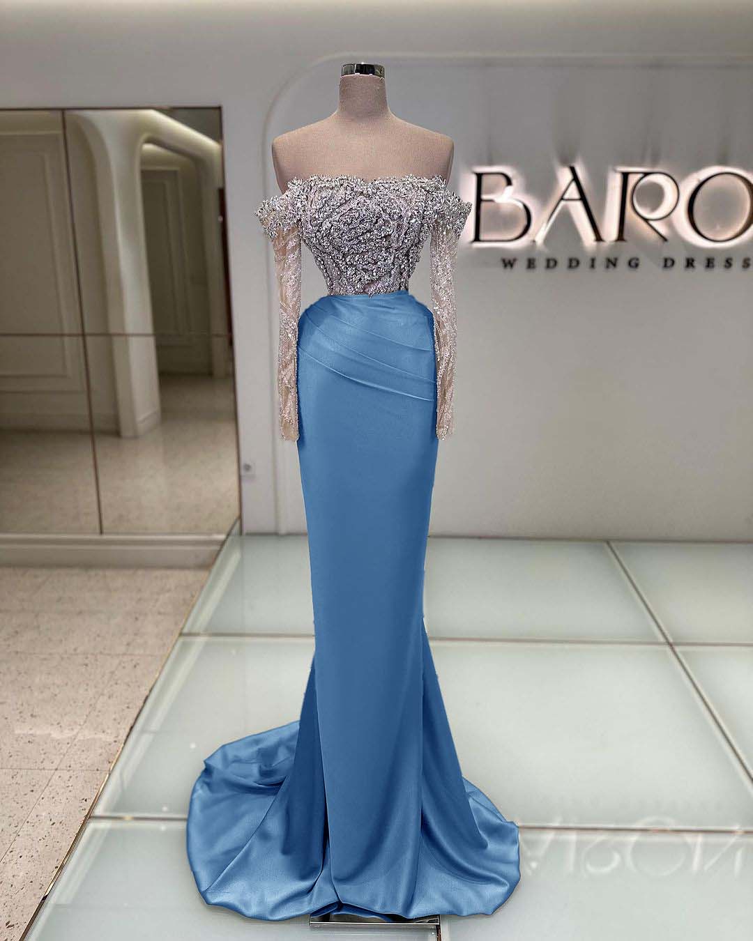 Off the Shoulder Long Sleeve Mermaid Long Prom Dress with Beading