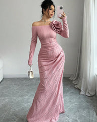 Off the Shoulder Long Sleeve Mermaid Long Prom Dress with Flower