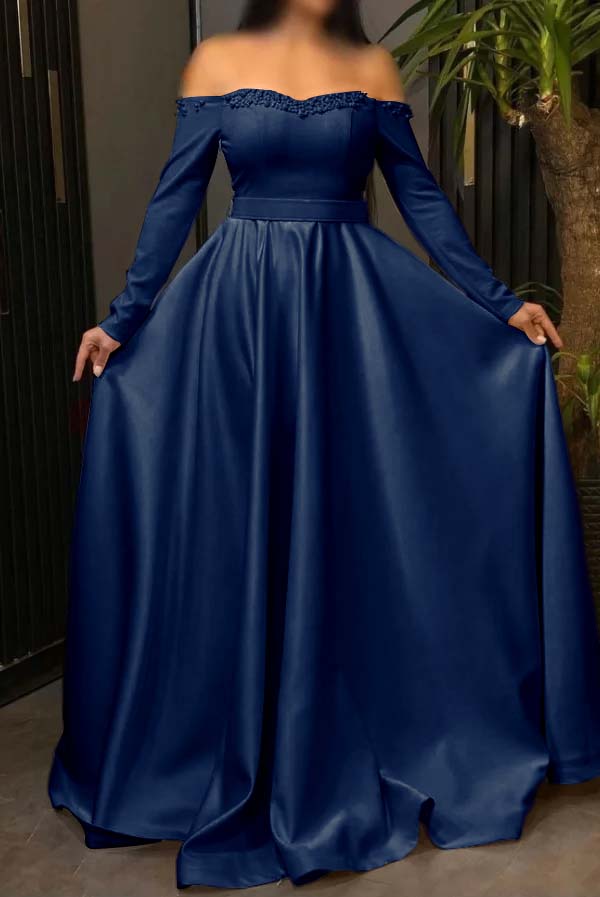 Off the Shoulder Long Sleeve Long Prom Dress with Pleated Beading