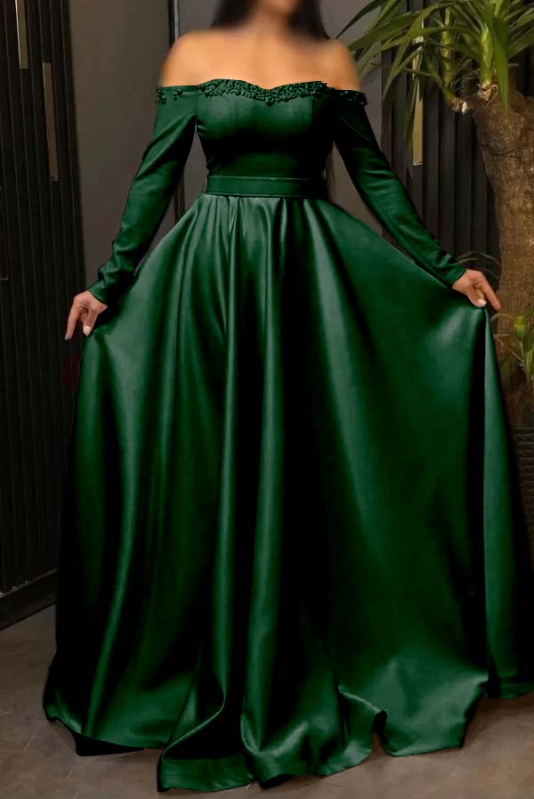 Off the Shoulder Long Sleeve Long Prom Dress with Pleated Beading