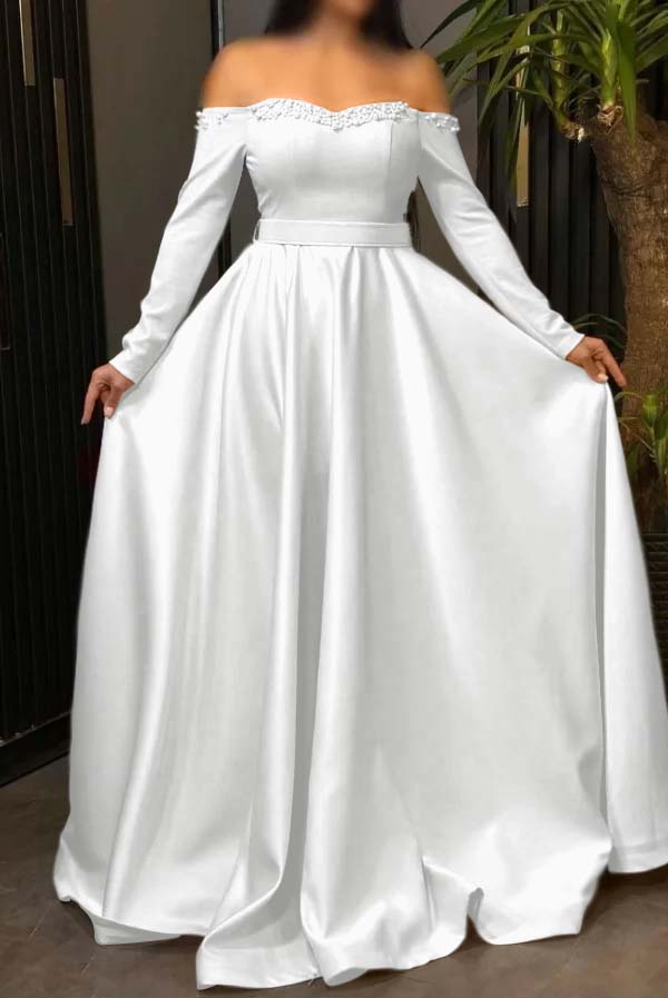 Off the Shoulder Long Sleeve Long Prom Dress with Pleated Beading