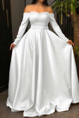Off the Shoulder Long Sleeve Long Prom Dress with Pleated Beading
