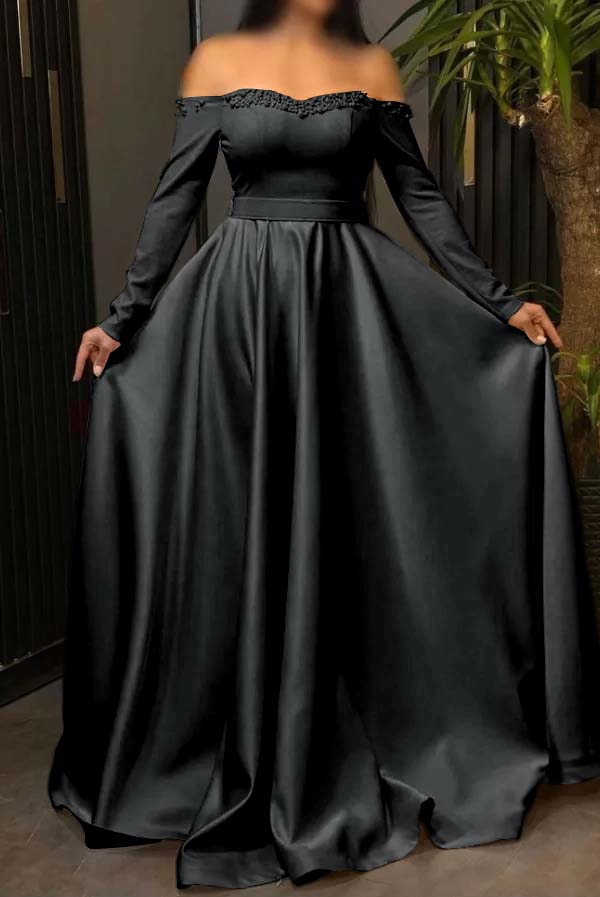 Off the Shoulder Long Sleeve Long Prom Dress with Pleated Beading