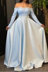 Off the Shoulder Long Sleeve Long Prom Dress with Pleated Beading