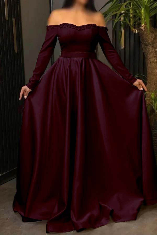 Off the Shoulder Long Sleeve Long Prom Dress with Pleated Beading
