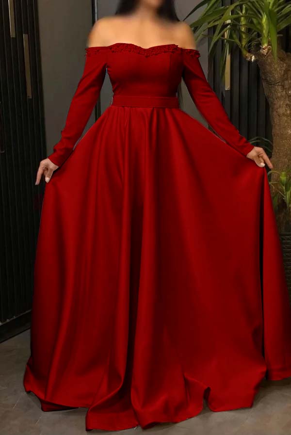 Off the Shoulder Long Sleeve Long Prom Dress with Pleated Beading