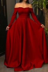 Off the Shoulder Long Sleeve Long Prom Dress with Pleated Beading