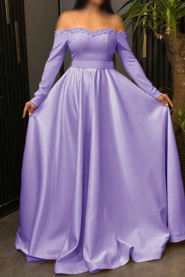 Off the Shoulder Long Sleeve Long Prom Dress with Pleated Beading