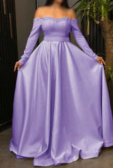 Off the Shoulder Long Sleeve Long Prom Dress with Pleated Beading