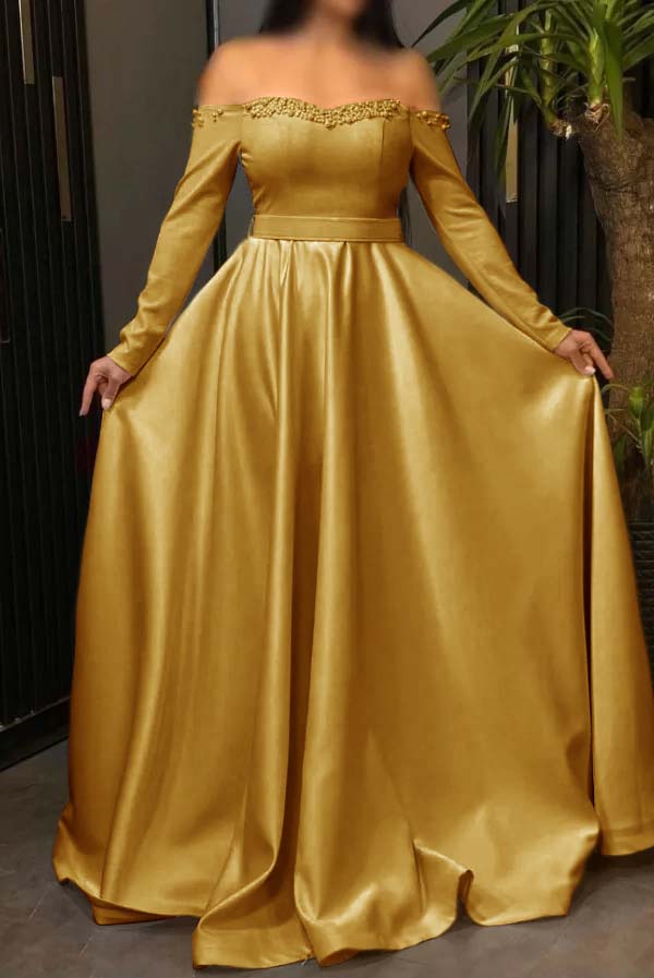 Off the Shoulder Long Sleeve Long Prom Dress with Pleated Beading