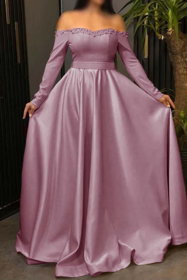 Off the Shoulder Long Sleeve Long Prom Dress with Pleated Beading